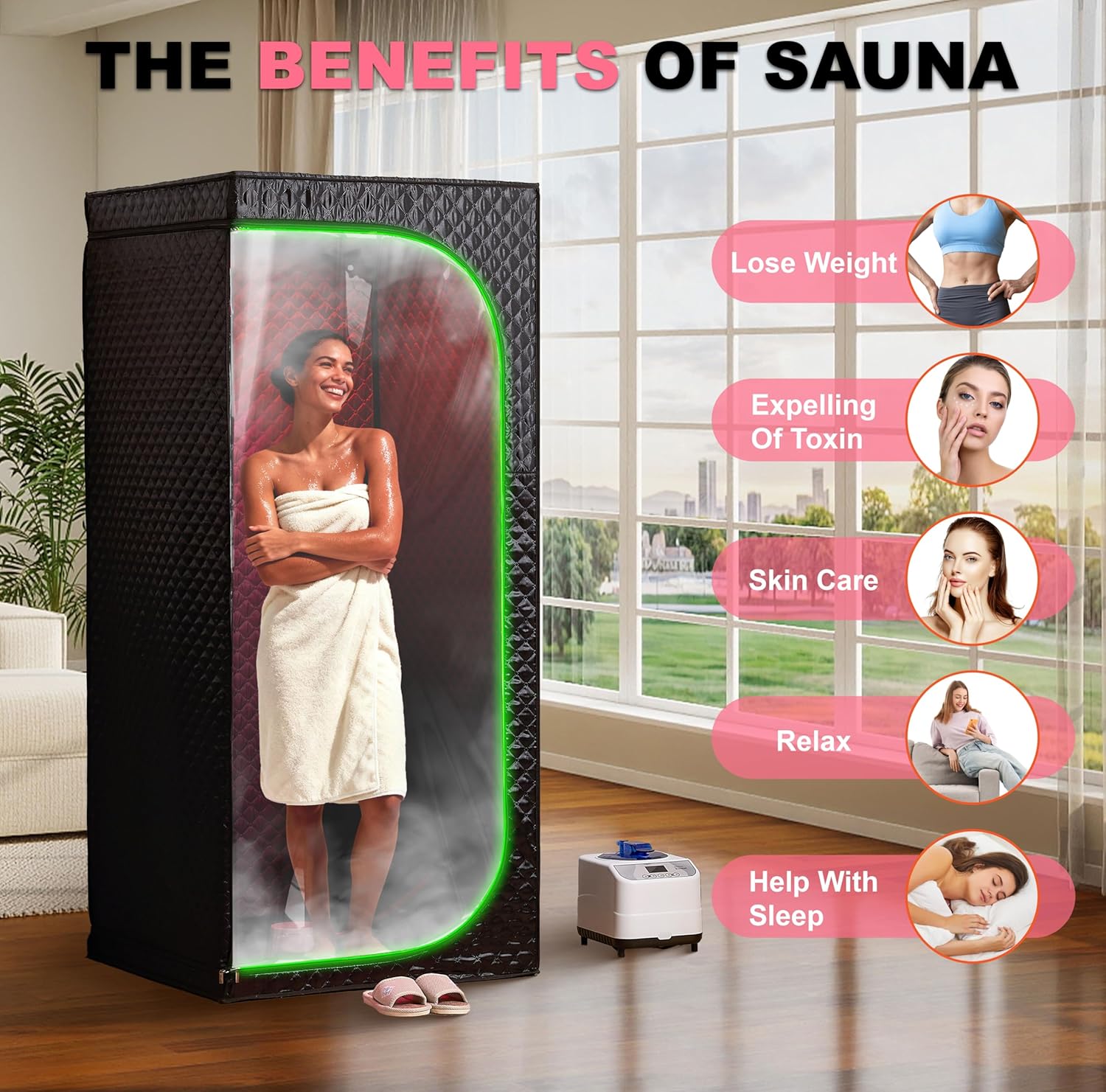 Infrared Sauna & Steam Sauna Box for Home, Portable Personal Sauna with Transparent Door, Powerful Steam Heating, Foldable Indoor Sauna for Relaxation, Detox & Muscle Recovery ( Red Light, Black)