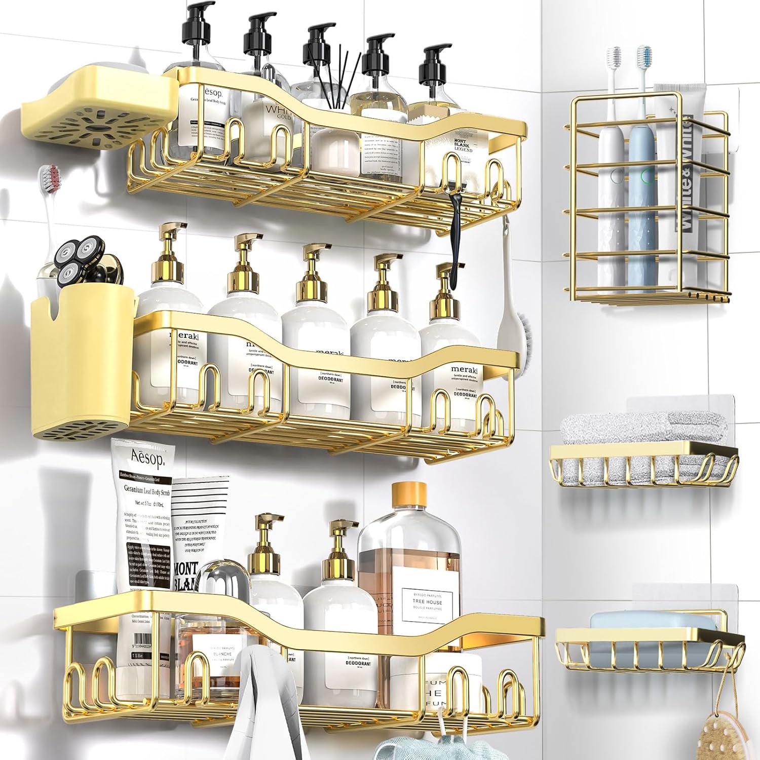 Shower Caddy Adhesive Shower Organizer 7-Pack, Rustproof Stainless Steel Bathroom Shelves, Large Capacity No-Drill Rack Storage Accessories with Soap Dish Toothbrush Holder &24 Hooks Home Decor