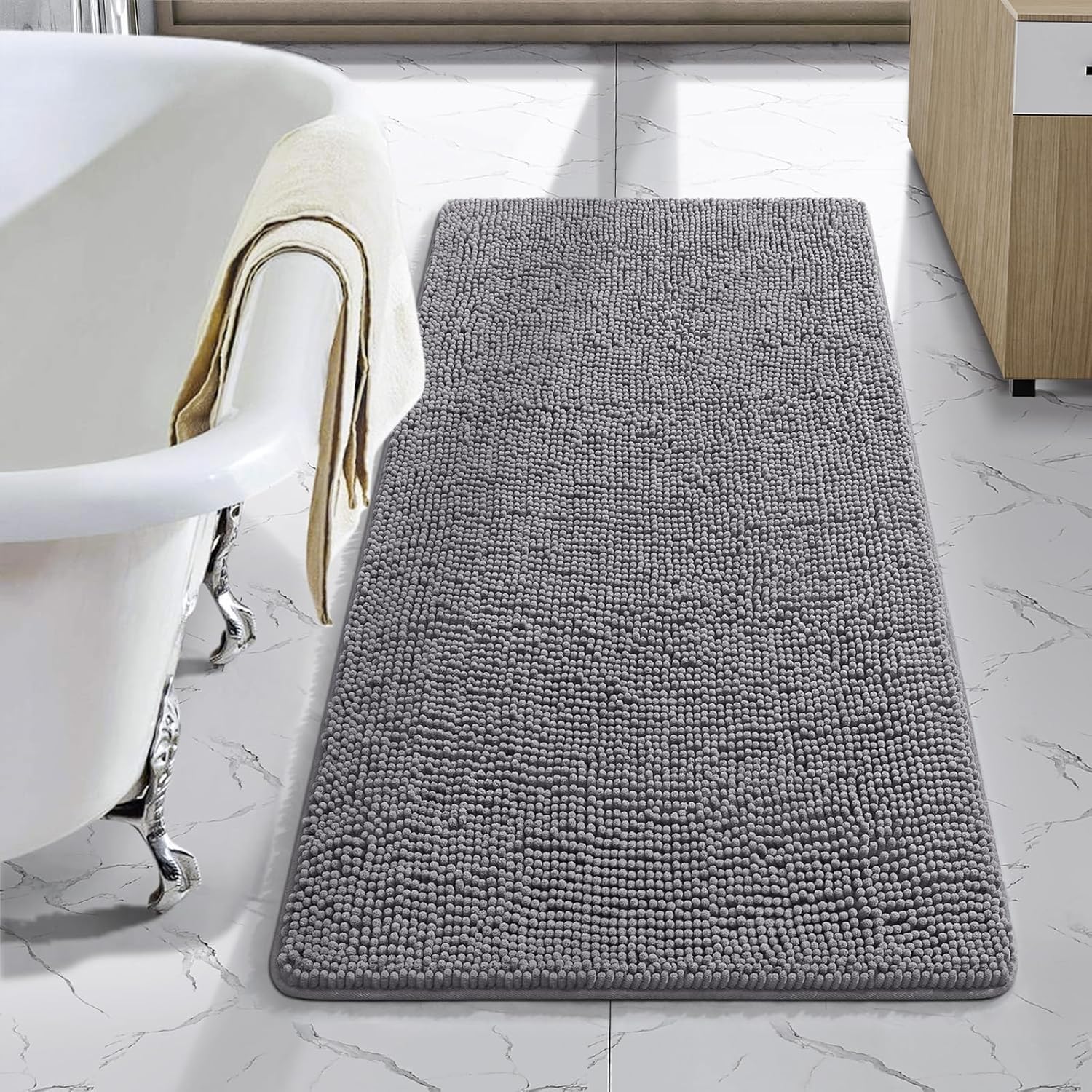 LOCHAS Luxury Bathroom Rug Shaggy Bath Mat 24 x 60 Inch, Washable Non Slip Bath Rugs for Bathroom Shower, Soft Plush Chenille Absorbent Carpets Mats, Gray