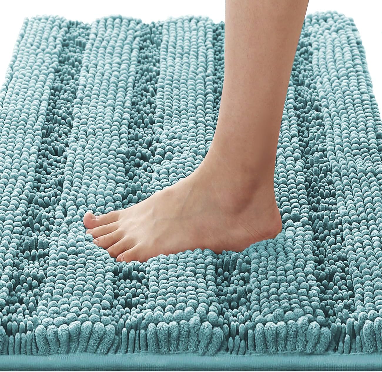 H.VERSAILTEX Sage Bathroom Rugs, Bath Mat Set of 2 Extra Thick Chenille Striped Pattern Shaggy Bath Rugs for Bath Room, Non Skid Bath Mats for Bathroom Floor (32 x 20 Plus 24 x 17 - Inches)