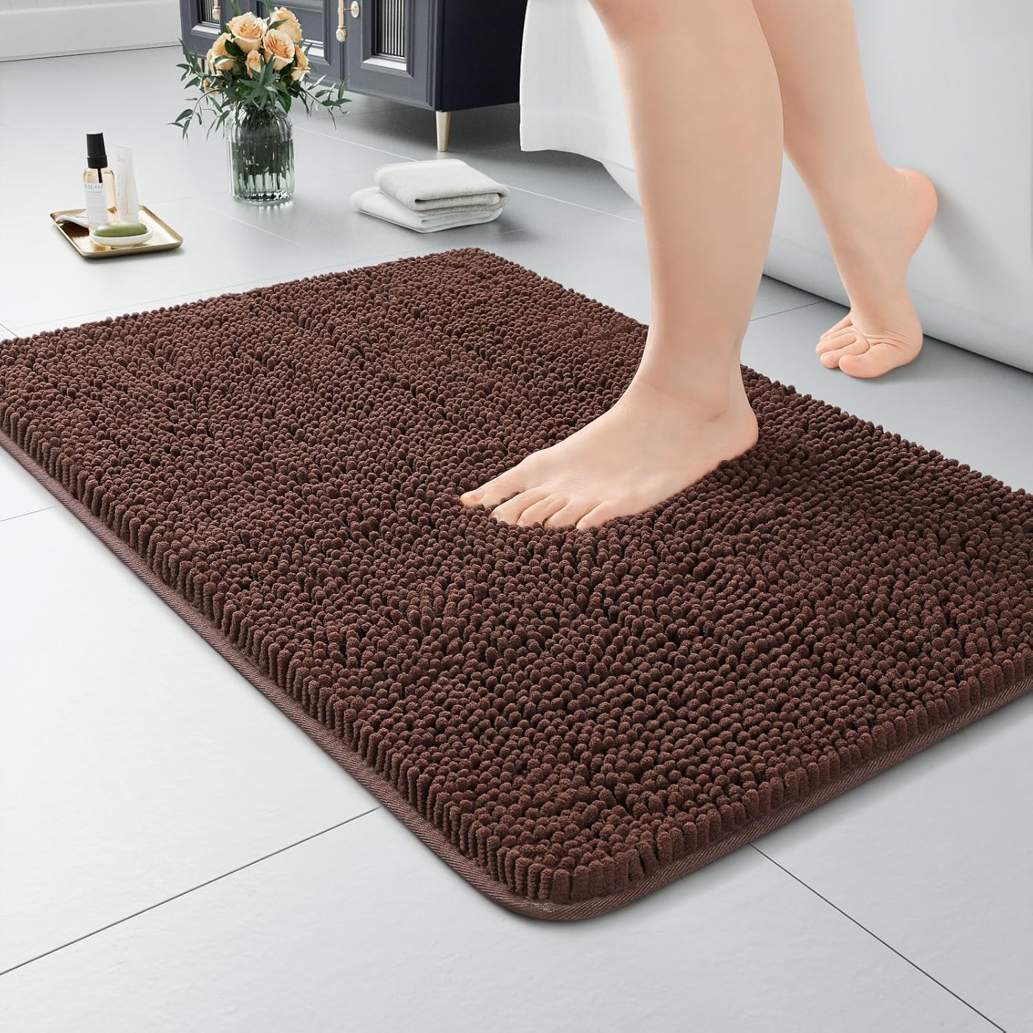 LOCHAS Luxury Bathroom Rug Shaggy Bath Mat 24 x 60 Inch, Washable Non Slip Bath Rugs for Bathroom Shower, Soft Plush Chenille Absorbent Carpets Mats, Gray
