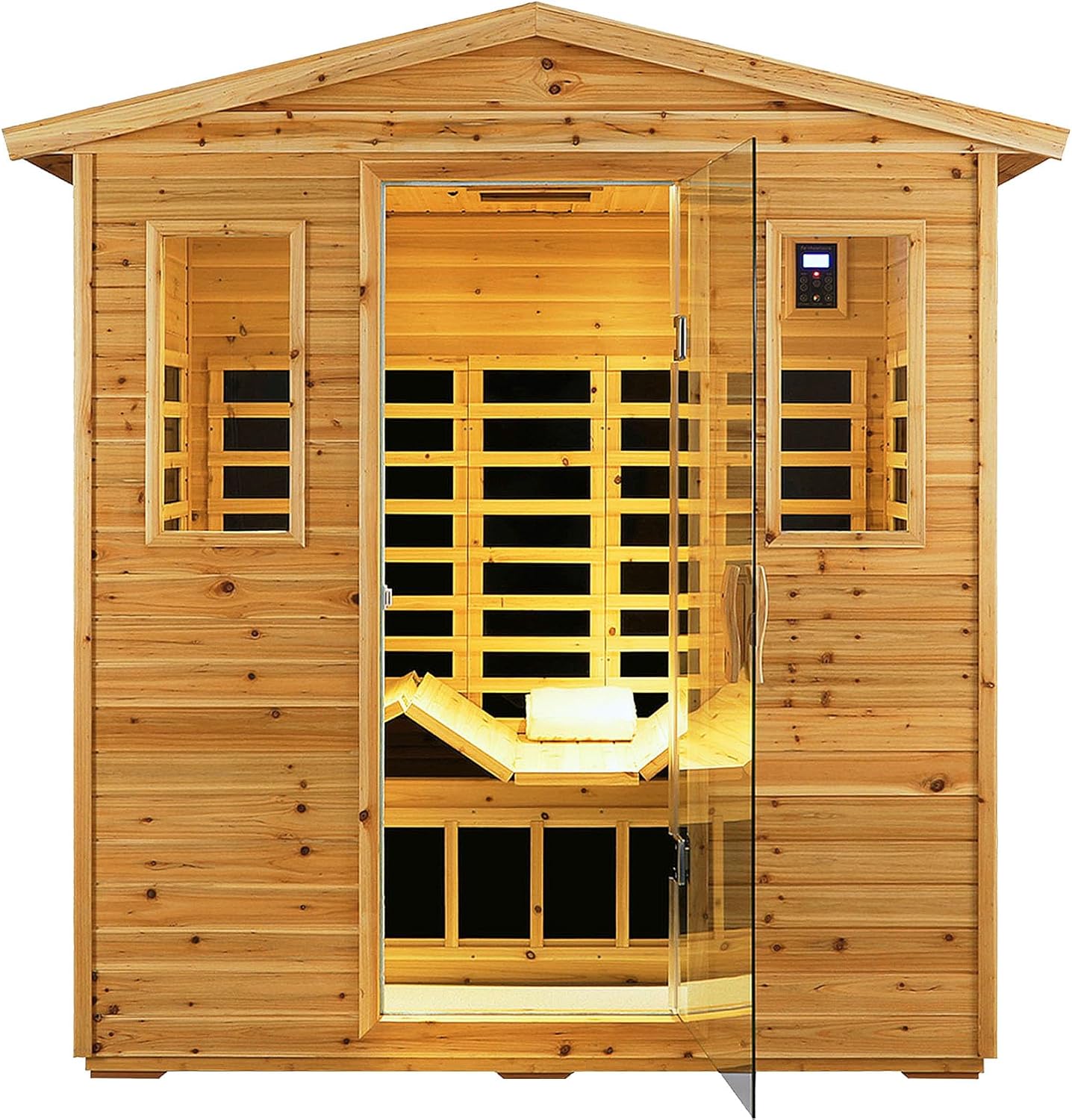 Far Infrared Sauna 1 Person Infrared Sauna Room Canadian Hemlock Wooden Sauna for Home, 1300W Low-EMF Indoor Saunas with Control Panel, Bluetooth Speakers, LED Reading Lamp, Tempered Glass Door