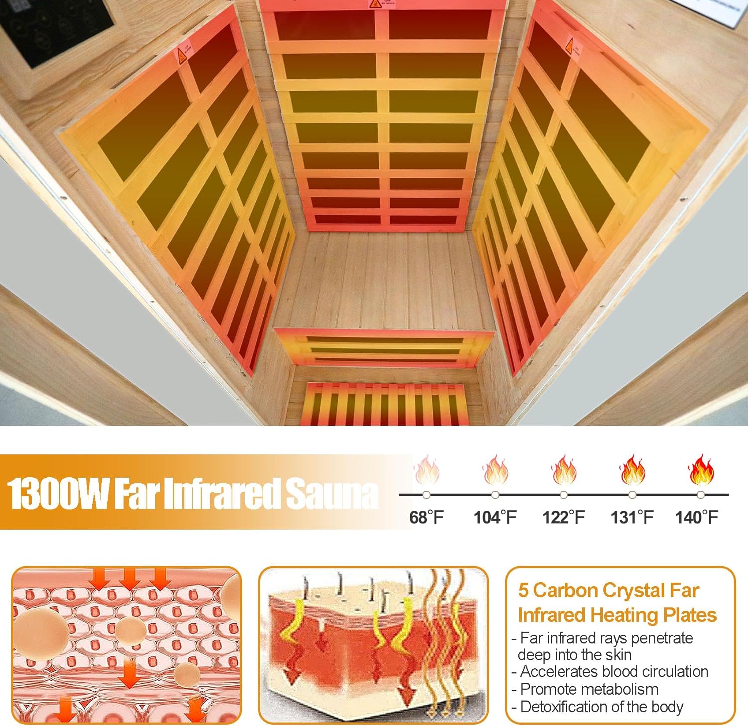 Far Infrared Sauna 1 Person Infrared Sauna Room Canadian Hemlock Wooden Sauna for Home, 1300W Low-EMF Indoor Saunas with Control Panel, Bluetooth Speakers, LED Reading Lamp, Tempered Glass Door