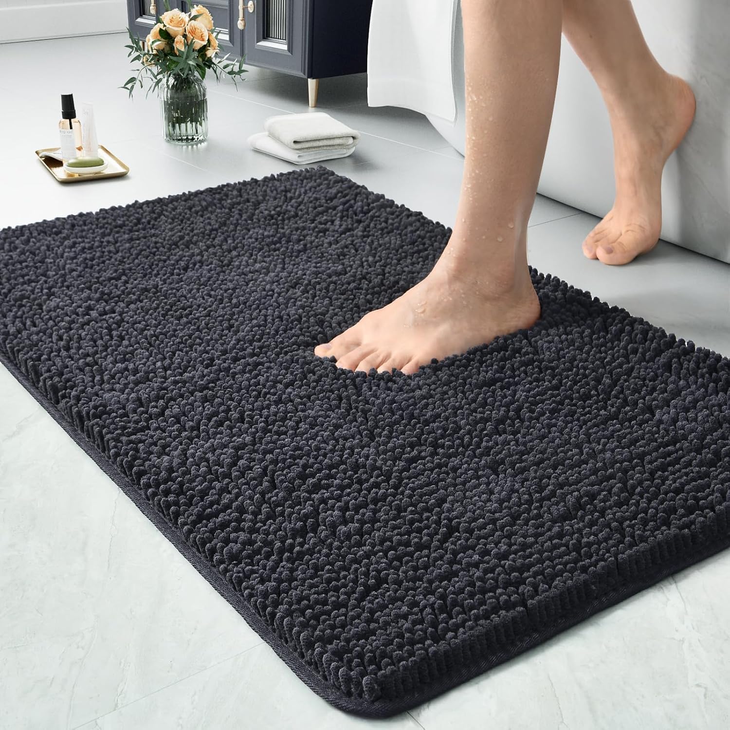 LOCHAS Luxury Bathroom Rug Shaggy Bath Mat 24 x 60 Inch, Washable Non Slip Bath Rugs for Bathroom Shower, Soft Plush Chenille Absorbent Carpets Mats, Gray