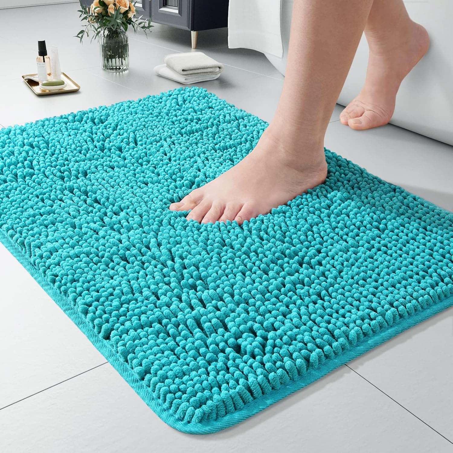 LOCHAS Luxury Bathroom Rug Shaggy Bath Mat 24 x 60 Inch, Washable Non Slip Bath Rugs for Bathroom Shower, Soft Plush Chenille Absorbent Carpets Mats, Gray