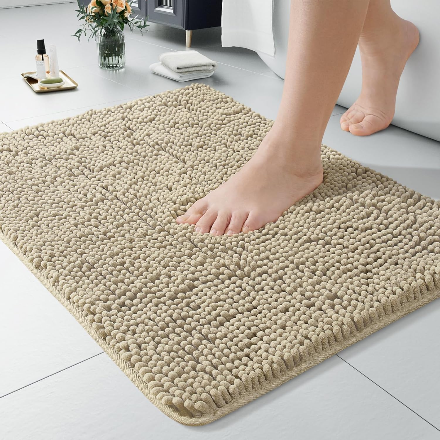 LOCHAS Luxury Bathroom Rug Shaggy Bath Mat 24 x 60 Inch, Washable Non Slip Bath Rugs for Bathroom Shower, Soft Plush Chenille Absorbent Carpets Mats, Gray
