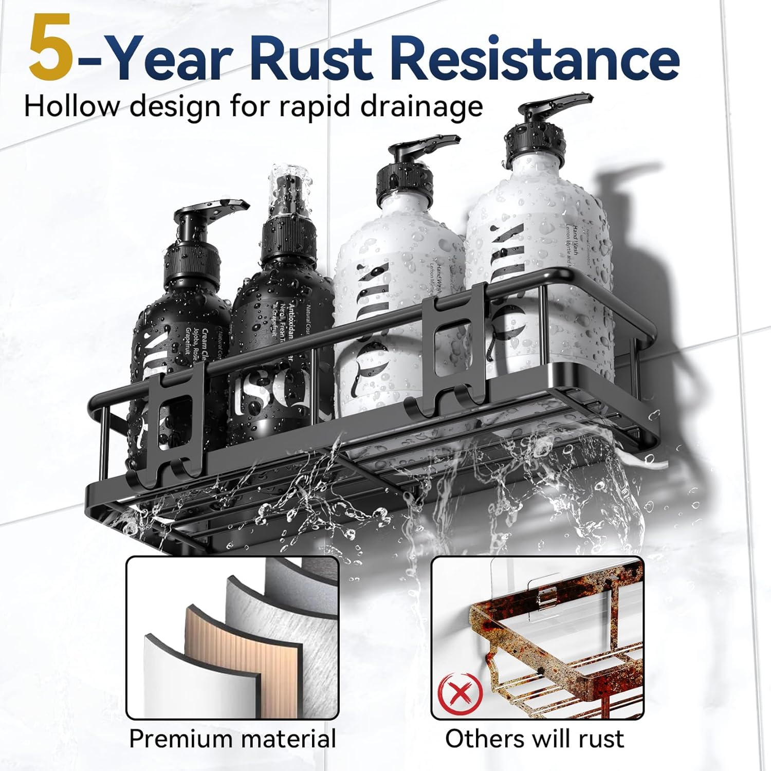 YASONIC Shower Caddy Adhesive, Rustproof Shower Shelves for Inside Shower, Large Capacity Bathroom Organizers and Storage, Shower Storage with Removable Hooks, No Drill Bathroom Accessories Black