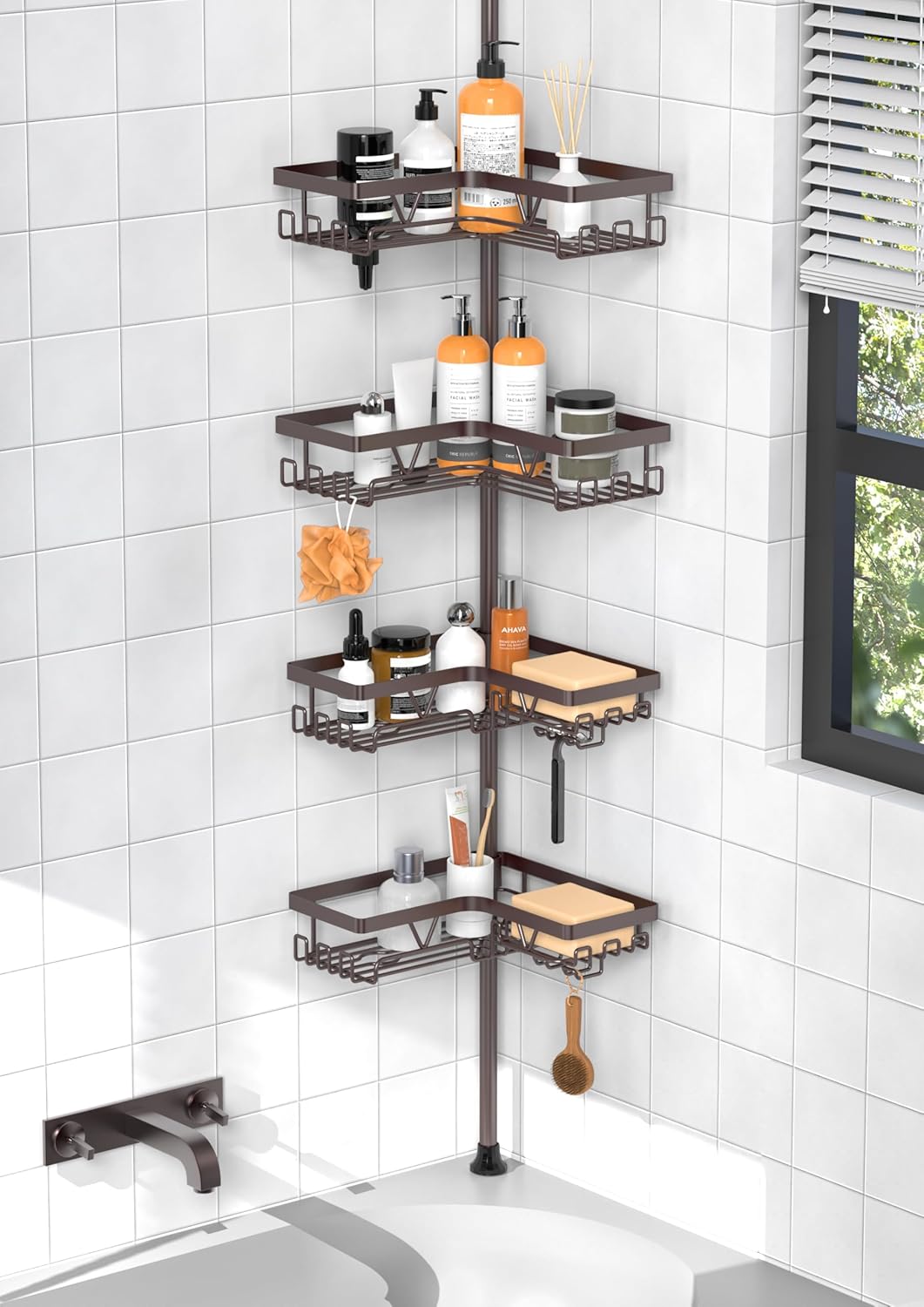 KEGII Corner Shower Caddy Tension Pole - Shower Tension Rod Organizer, Floor to Ceiling Shower Caddy 25-114.2 inch, Towel Rack Corner Waterproof, Black