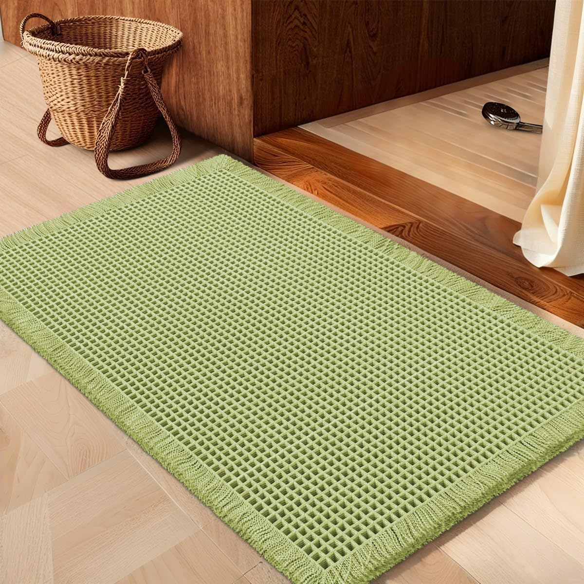 IM HOME Waffle Bath Mat Beige 32"x20", Boho Woven Modern Bath Mat Rugs, Absorbent Non Slip Bathroom Rugs, Soft Washable Bath Rugs with Tassels for Bathroom, Bedroom, Kitchen, Shower, Tub