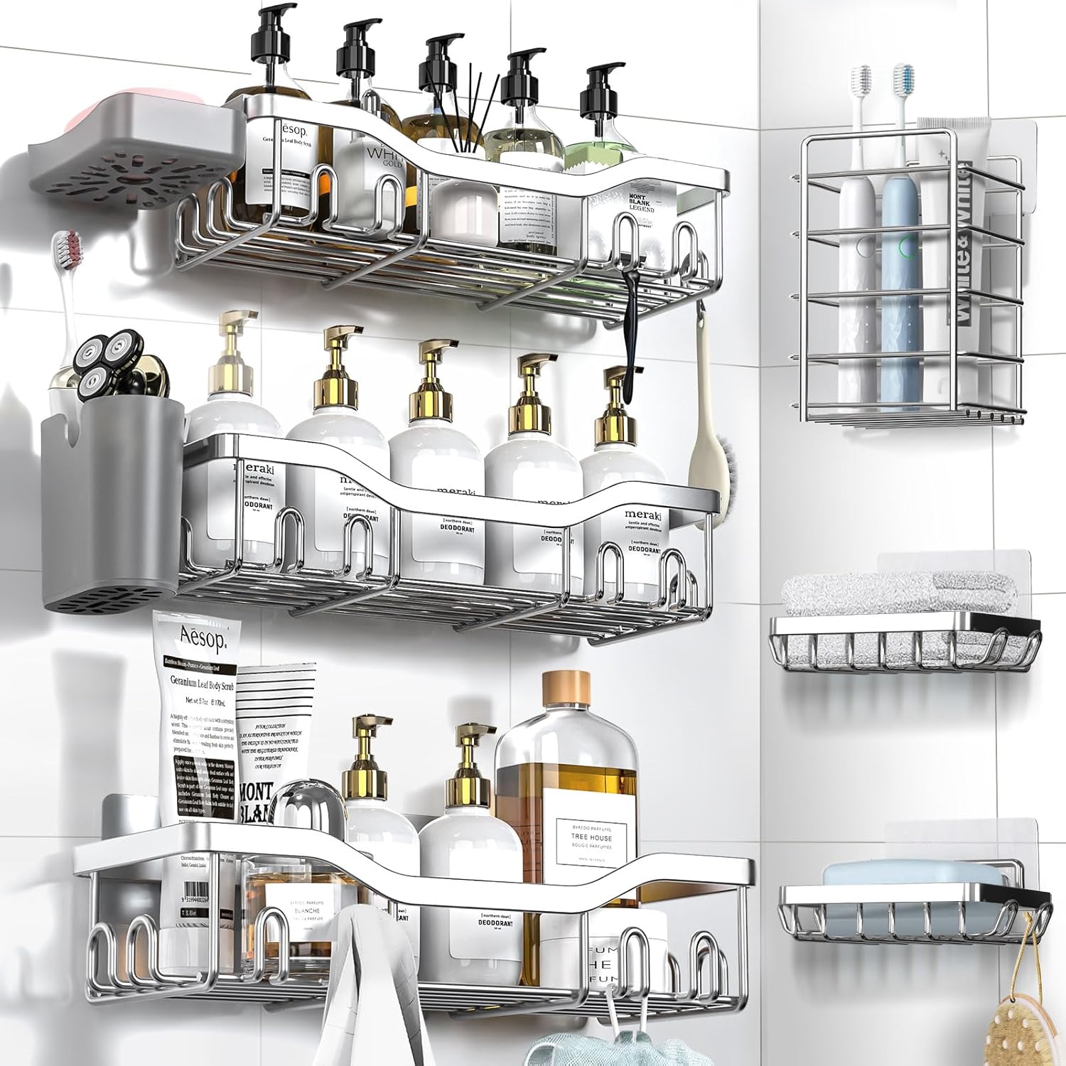 Shower Caddy Adhesive Shower Organizer 7-Pack, Rustproof Stainless Steel Bathroom Shelves, Large Capacity No-Drill Rack Storage Accessories with Soap Dish Toothbrush Holder &24 Hooks Home Decor