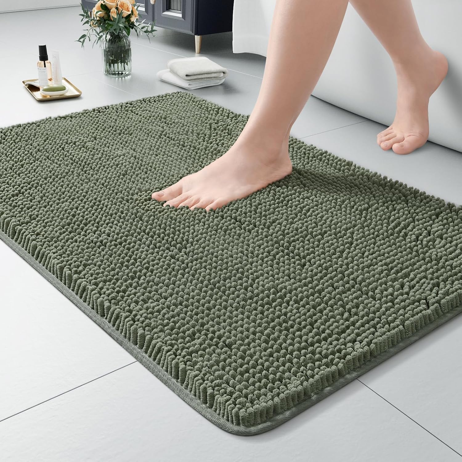 LOCHAS Luxury Bathroom Rug Shaggy Bath Mat 24 x 60 Inch, Washable Non Slip Bath Rugs for Bathroom Shower, Soft Plush Chenille Absorbent Carpets Mats, Gray