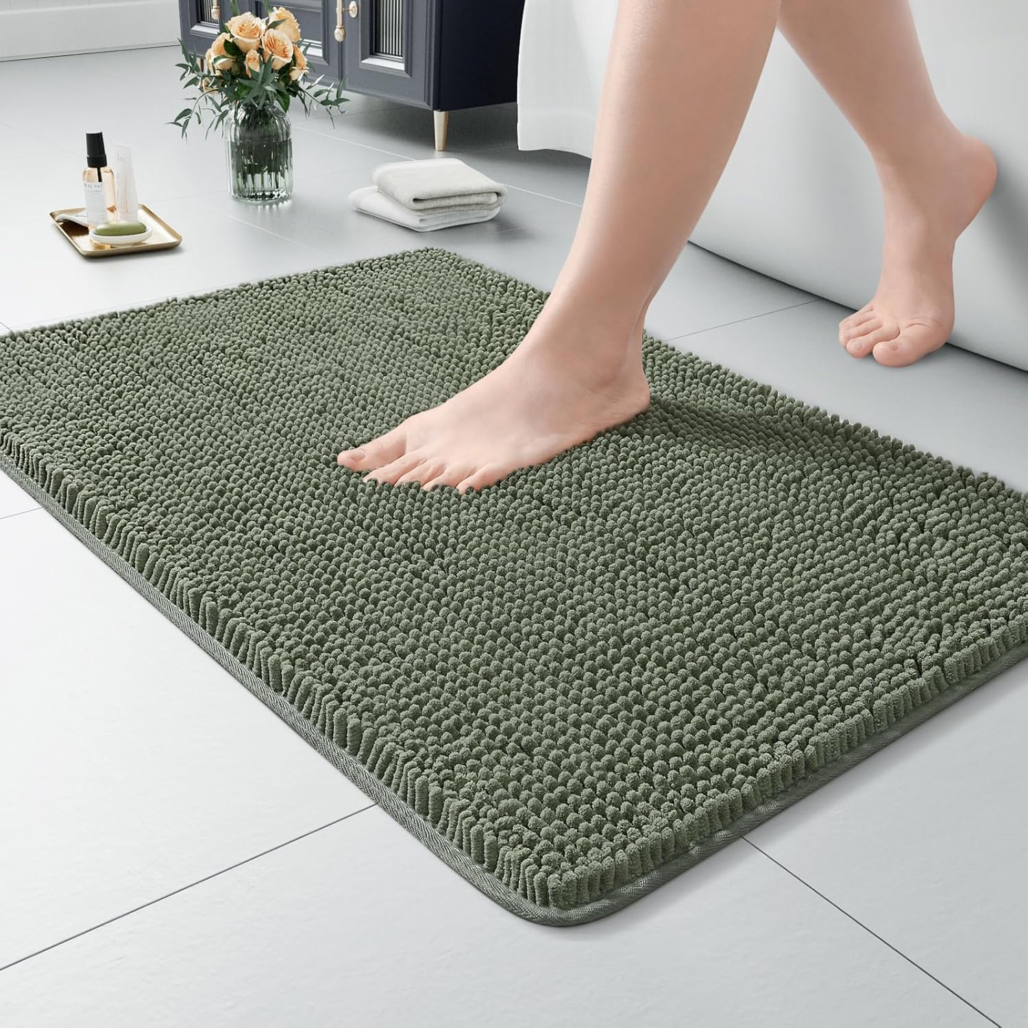 LOCHAS Luxury Bathroom Rug Shaggy Bath Mat 24 x 60 Inch, Washable Non Slip Bath Rugs for Bathroom Shower, Soft Plush Chenille Absorbent Carpets Mats, Gray