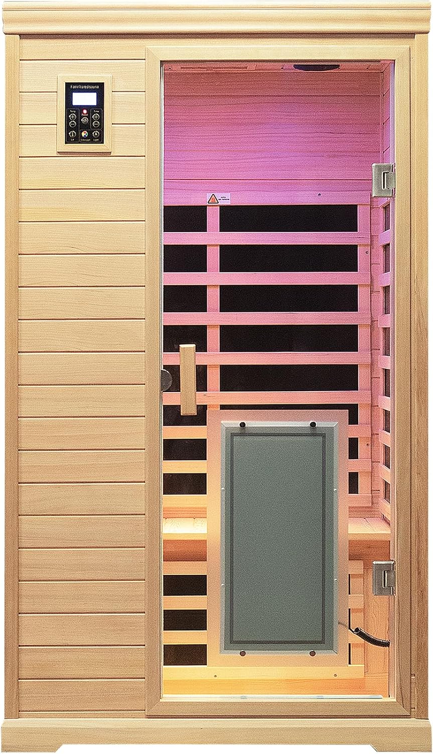 Far Infrared Sauna 1 Person Infrared Sauna Room Canadian Hemlock Wooden Sauna for Home, 1300W Low-EMF Indoor Saunas with Control Panel, Bluetooth Speakers, LED Reading Lamp, Tempered Glass Door