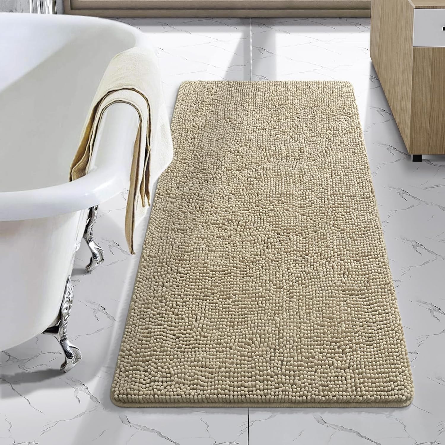LOCHAS Luxury Bathroom Rug Shaggy Bath Mat 24 x 60 Inch, Washable Non Slip Bath Rugs for Bathroom Shower, Soft Plush Chenille Absorbent Carpets Mats, Gray
