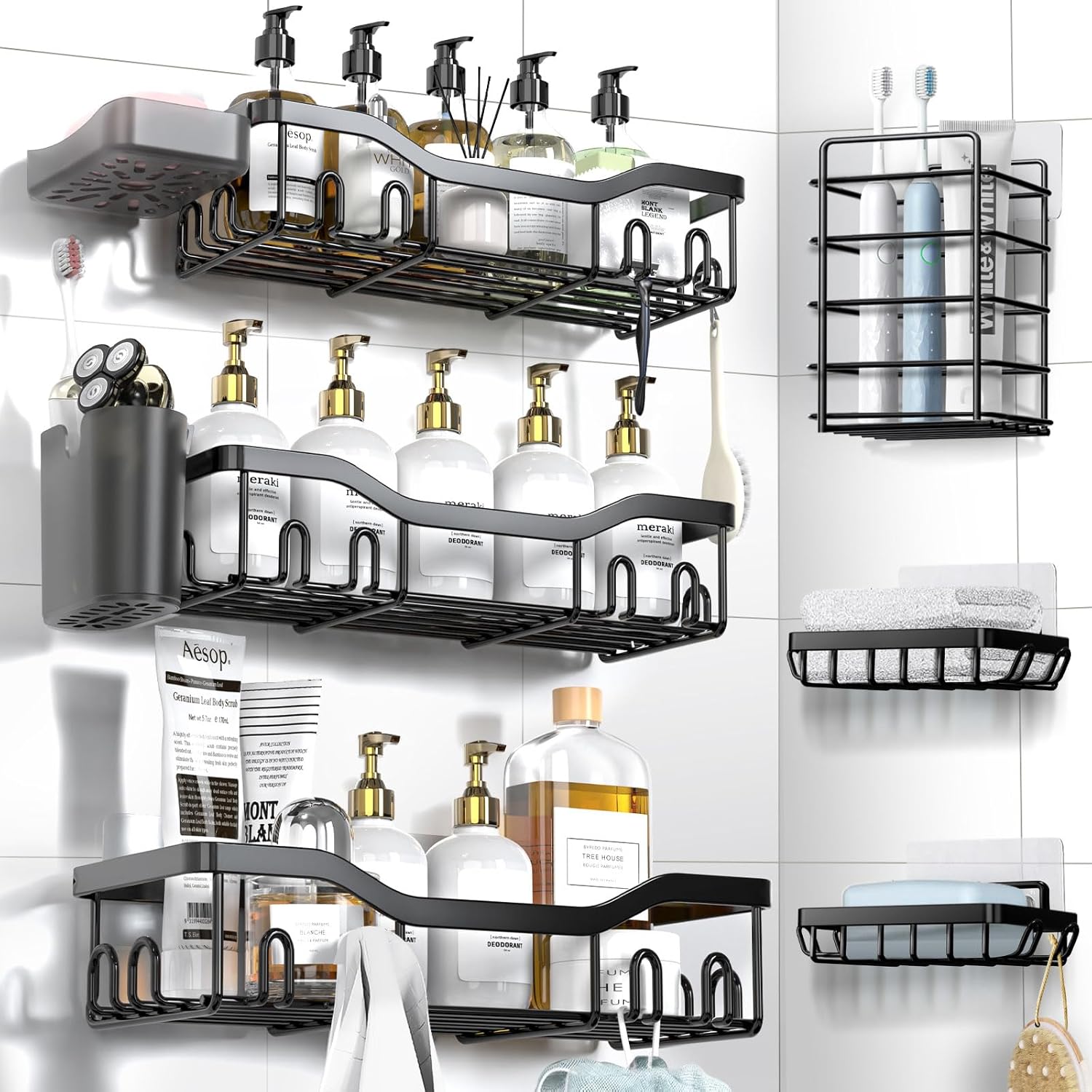 Shower Caddy Adhesive Shower Organizer 7-Pack, Rustproof Stainless Steel Bathroom Shelves, Large Capacity No-Drill Rack Storage Accessories with Soap Dish Toothbrush Holder &24 Hooks Home Decor