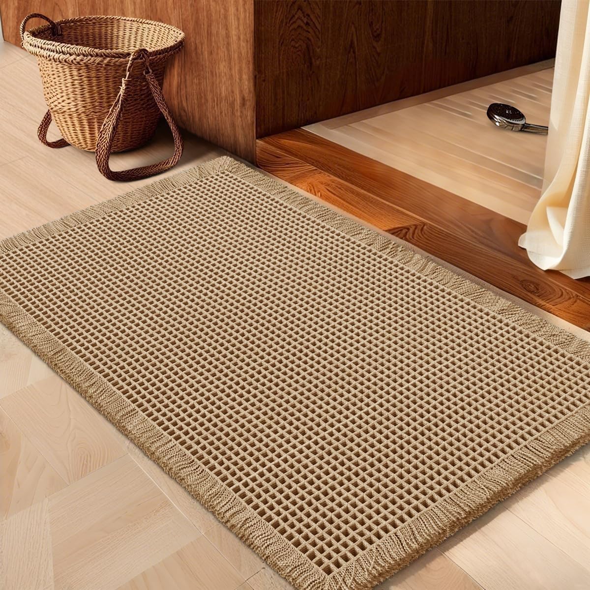 IM HOME Waffle Bath Mat Beige 32"x20", Boho Woven Modern Bath Mat Rugs, Absorbent Non Slip Bathroom Rugs, Soft Washable Bath Rugs with Tassels for Bathroom, Bedroom, Kitchen, Shower, Tub