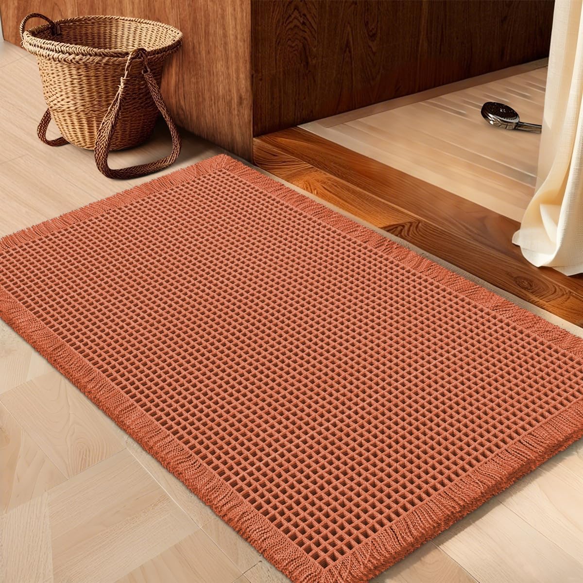 IM HOME Waffle Bath Mat Beige 32"x20", Boho Woven Modern Bath Mat Rugs, Absorbent Non Slip Bathroom Rugs, Soft Washable Bath Rugs with Tassels for Bathroom, Bedroom, Kitchen, Shower, Tub
