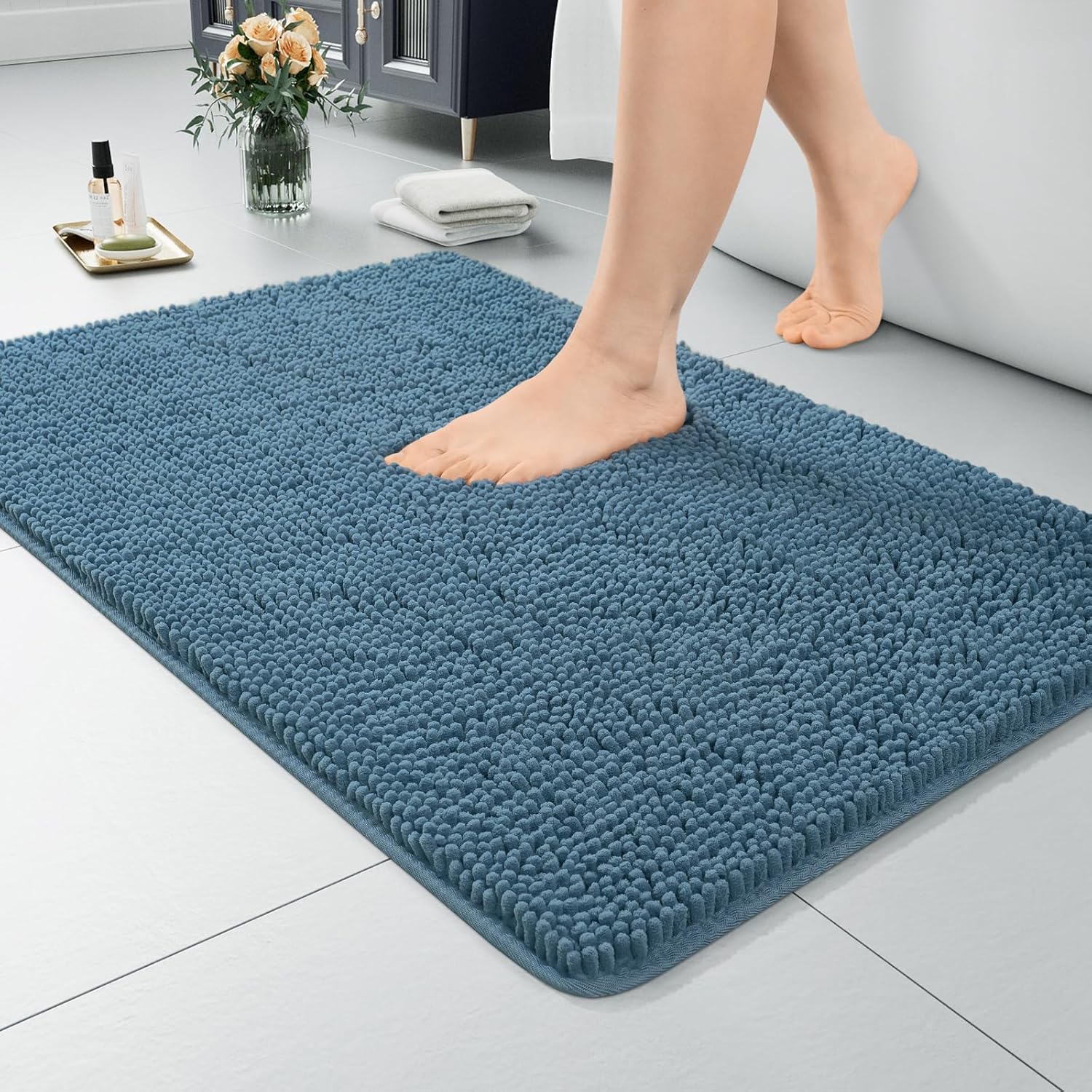 LOCHAS Luxury Bathroom Rug Shaggy Bath Mat 24 x 60 Inch, Washable Non Slip Bath Rugs for Bathroom Shower, Soft Plush Chenille Absorbent Carpets Mats, Gray