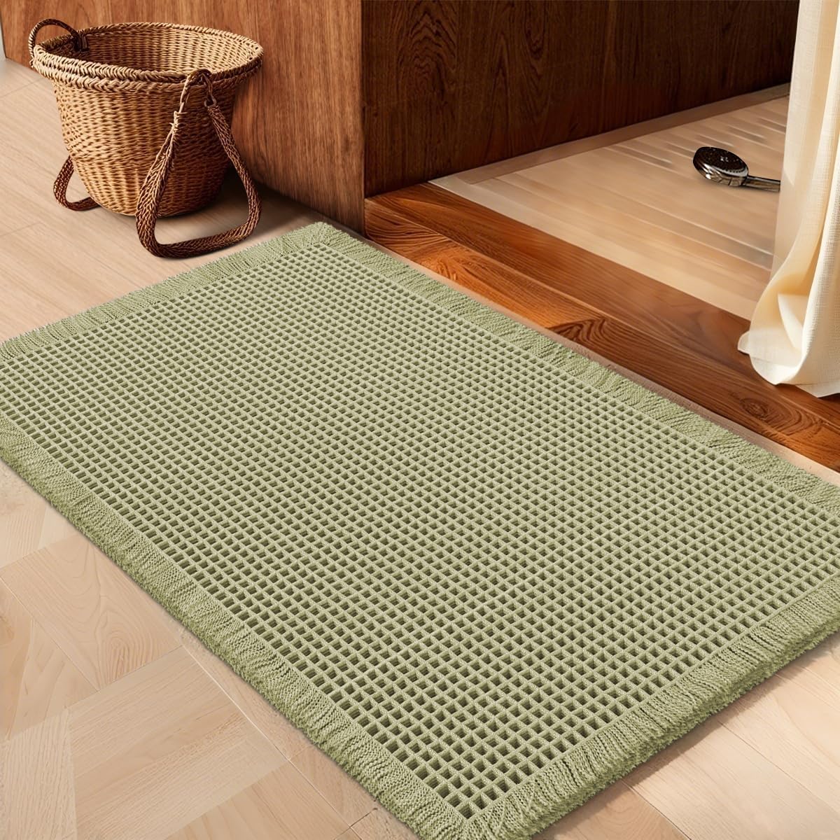 IM HOME Waffle Bath Mat Beige 32"x20", Boho Woven Modern Bath Mat Rugs, Absorbent Non Slip Bathroom Rugs, Soft Washable Bath Rugs with Tassels for Bathroom, Bedroom, Kitchen, Shower, Tub