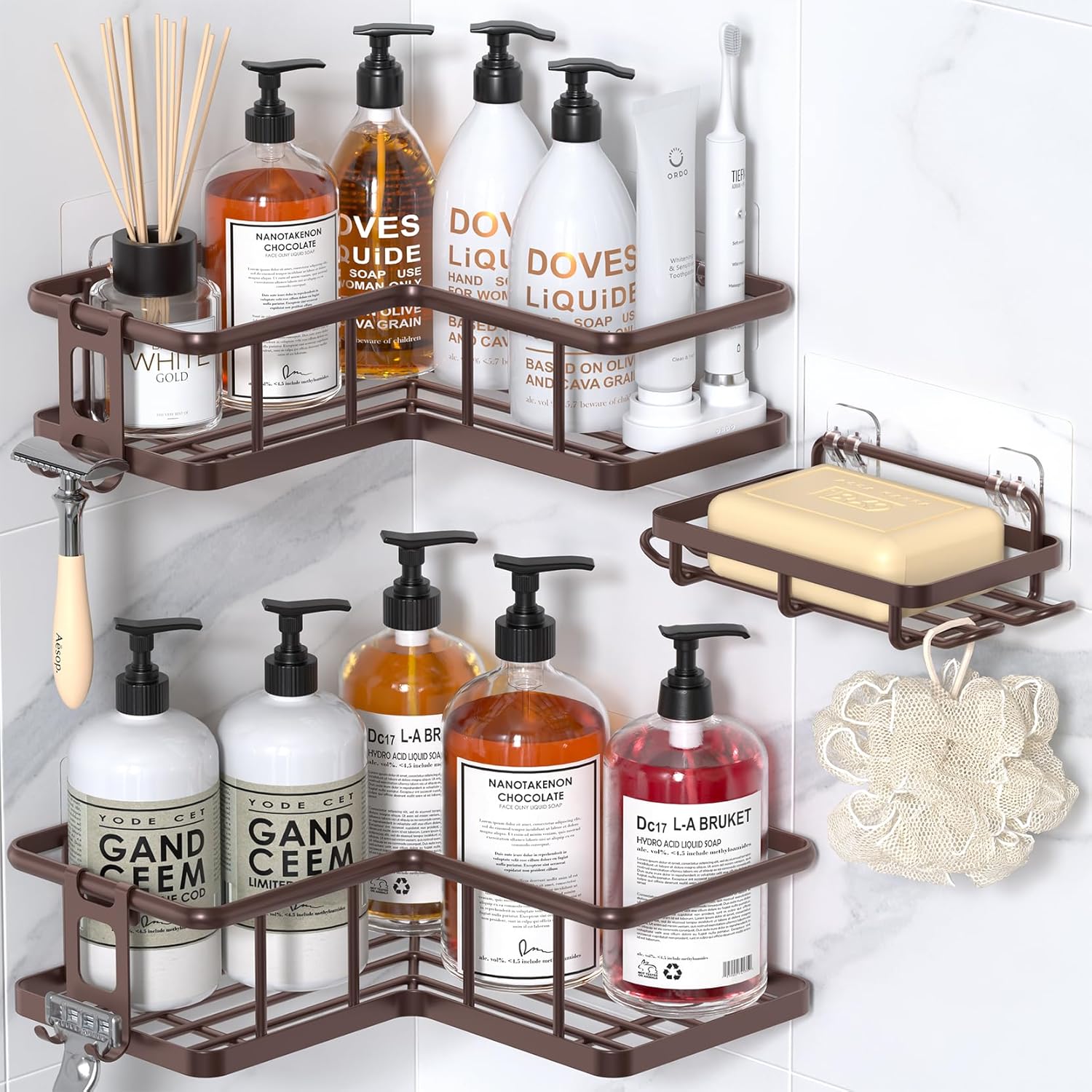 YASONIC Shower Caddy Corner, 3-Pack Adhesive Rustproof Stainless Steel Shower Shelves with Soap Holder, No Drilling Shower Organizer Corner for Dorm, Renters Bathroom, Black