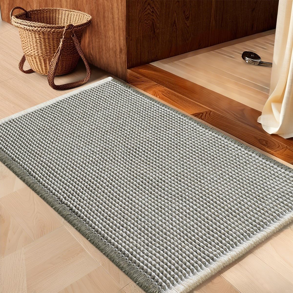 IM HOME Waffle Bath Mat Beige 32"x20", Boho Woven Modern Bath Mat Rugs, Absorbent Non Slip Bathroom Rugs, Soft Washable Bath Rugs with Tassels for Bathroom, Bedroom, Kitchen, Shower, Tub