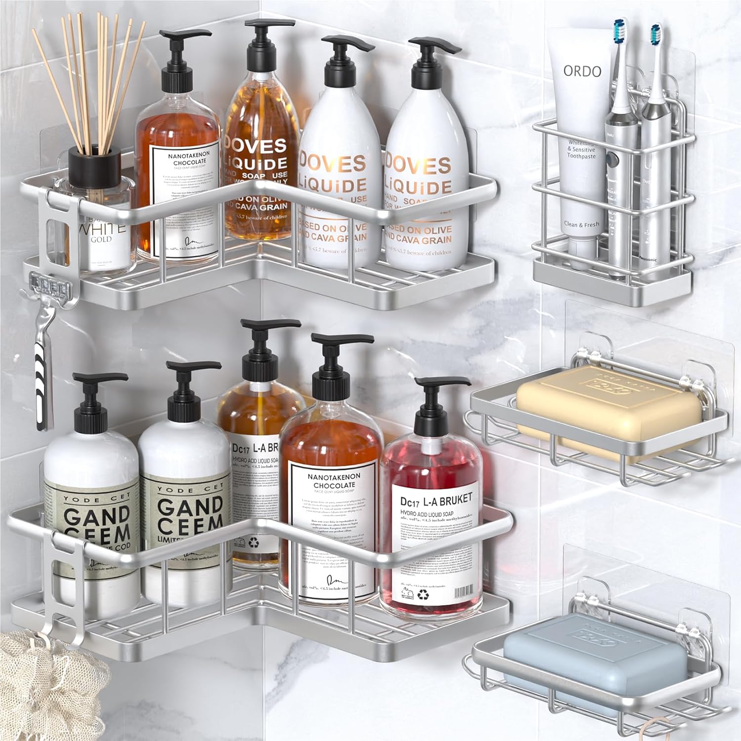 YASONIC Shower Caddy Corner, 3-Pack Adhesive Rustproof Stainless Steel Shower Shelves with Soap Holder, No Drilling Shower Organizer Corner for Dorm, Renters Bathroom, Black