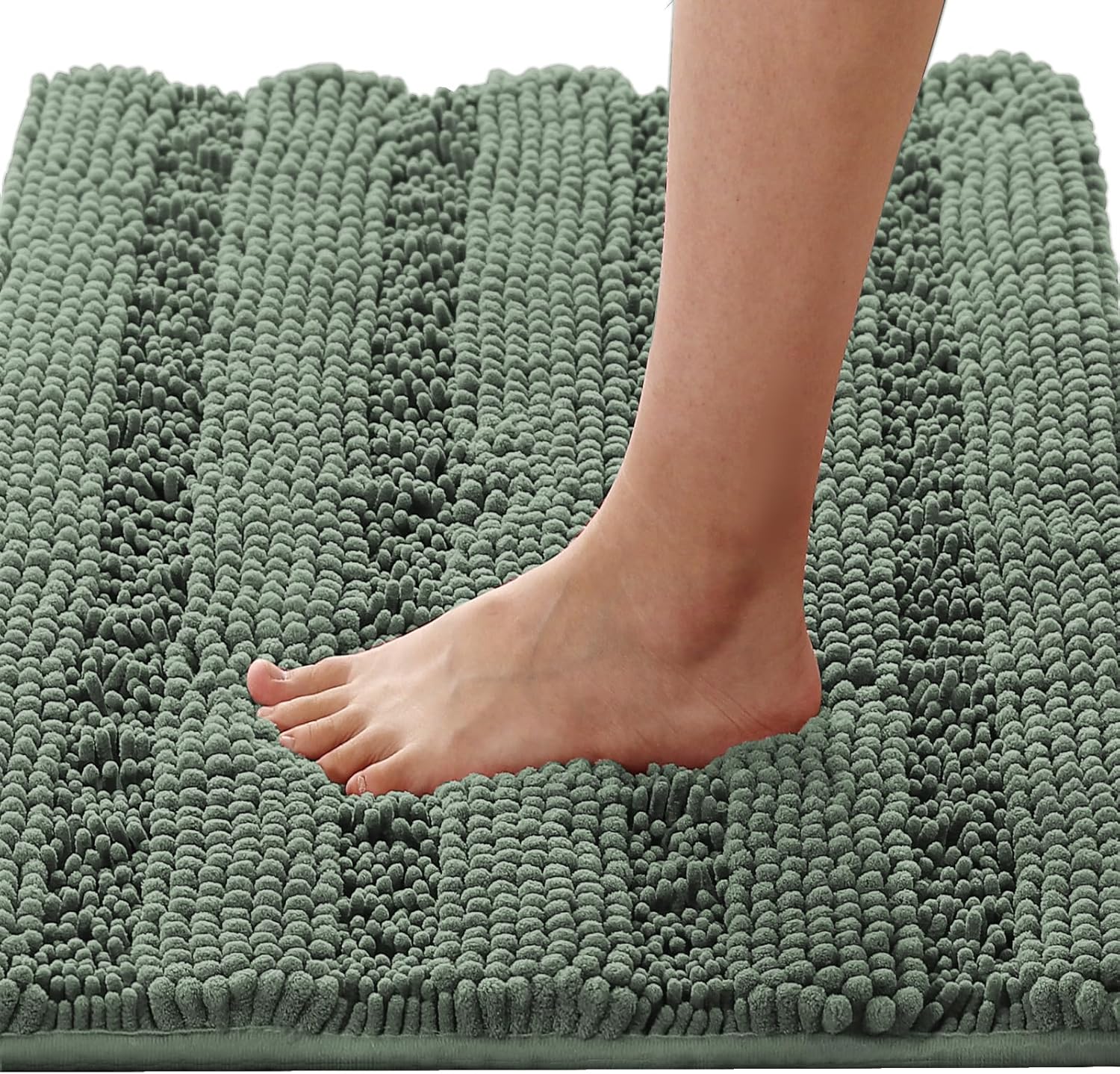 H.VERSAILTEX Sage Bathroom Rugs, Bath Mat Set of 2 Extra Thick Chenille Striped Pattern Shaggy Bath Rugs for Bath Room, Non Skid Bath Mats for Bathroom Floor (32 x 20 Plus 24 x 17 - Inches)