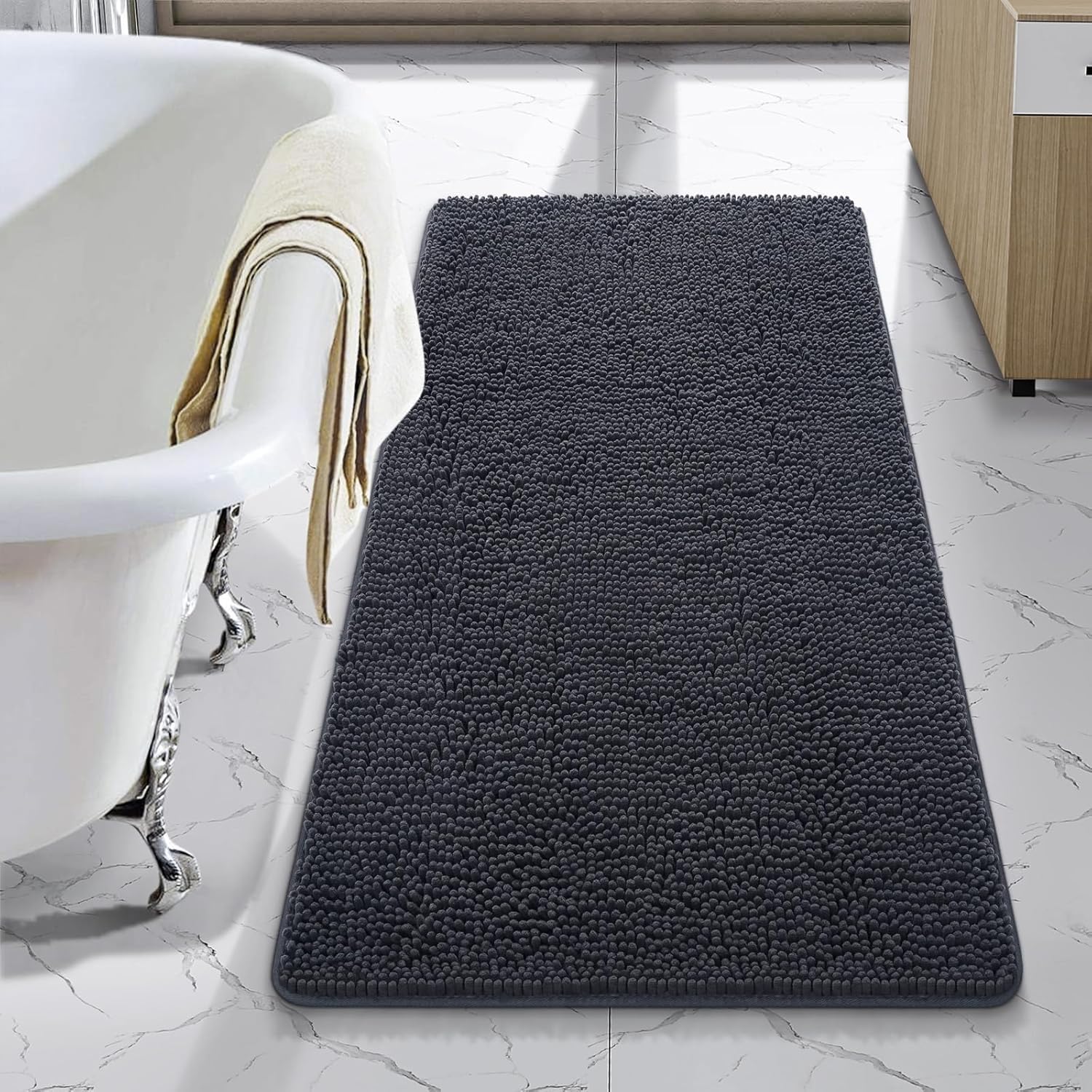 LOCHAS Luxury Bathroom Rug Shaggy Bath Mat 24 x 60 Inch, Washable Non Slip Bath Rugs for Bathroom Shower, Soft Plush Chenille Absorbent Carpets Mats, Gray