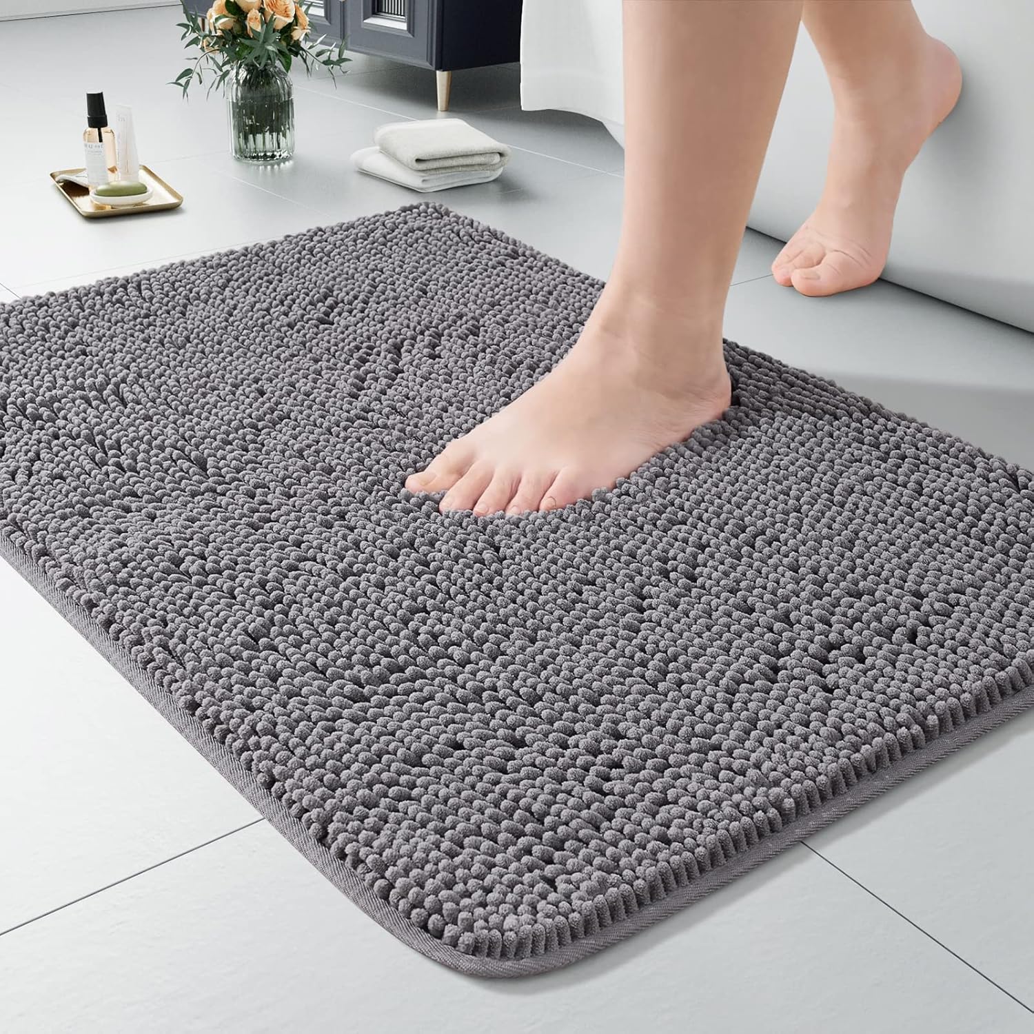 LOCHAS Luxury Bathroom Rug Shaggy Bath Mat 24 x 60 Inch, Washable Non Slip Bath Rugs for Bathroom Shower, Soft Plush Chenille Absorbent Carpets Mats, Gray