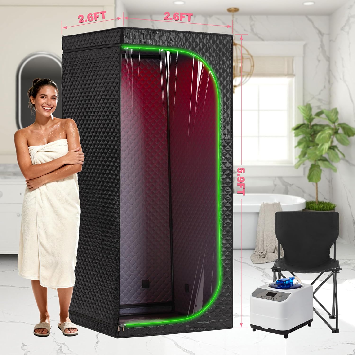 Infrared Sauna & Steam Sauna Box for Home, Portable Personal Sauna with Transparent Door, Powerful Steam Heating, Foldable Indoor Sauna for Relaxation, Detox & Muscle Recovery ( Red Light, Black)