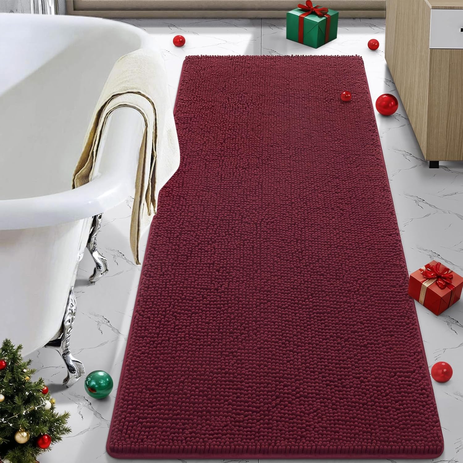 LOCHAS Luxury Bathroom Rug Shaggy Bath Mat 24 x 60 Inch, Washable Non Slip Bath Rugs for Bathroom Shower, Soft Plush Chenille Absorbent Carpets Mats, Gray
