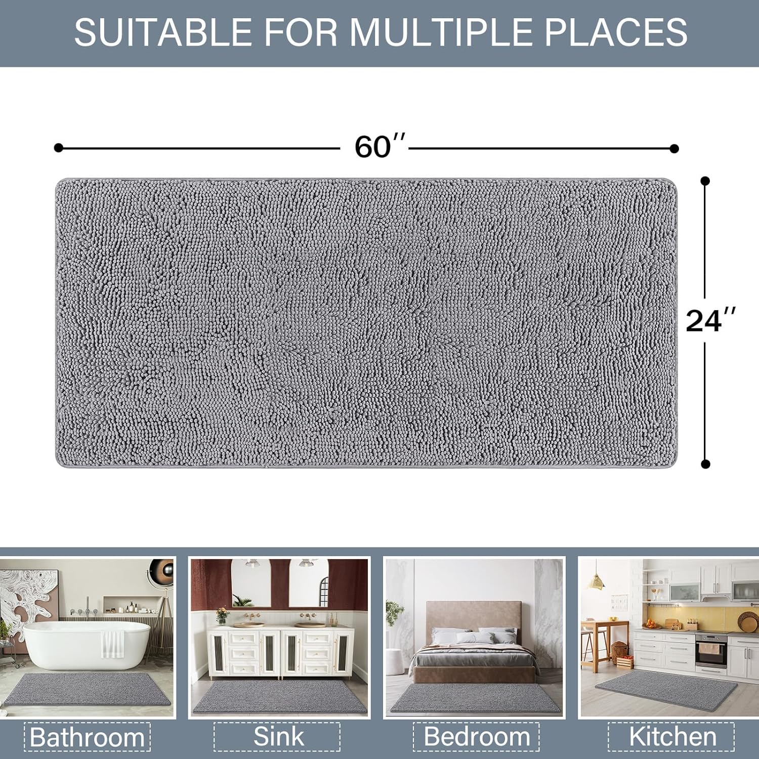 LOCHAS Luxury Bathroom Rug Shaggy Bath Mat 24 x 60 Inch, Washable Non Slip Bath Rugs for Bathroom Shower, Soft Plush Chenille Absorbent Carpets Mats, Gray