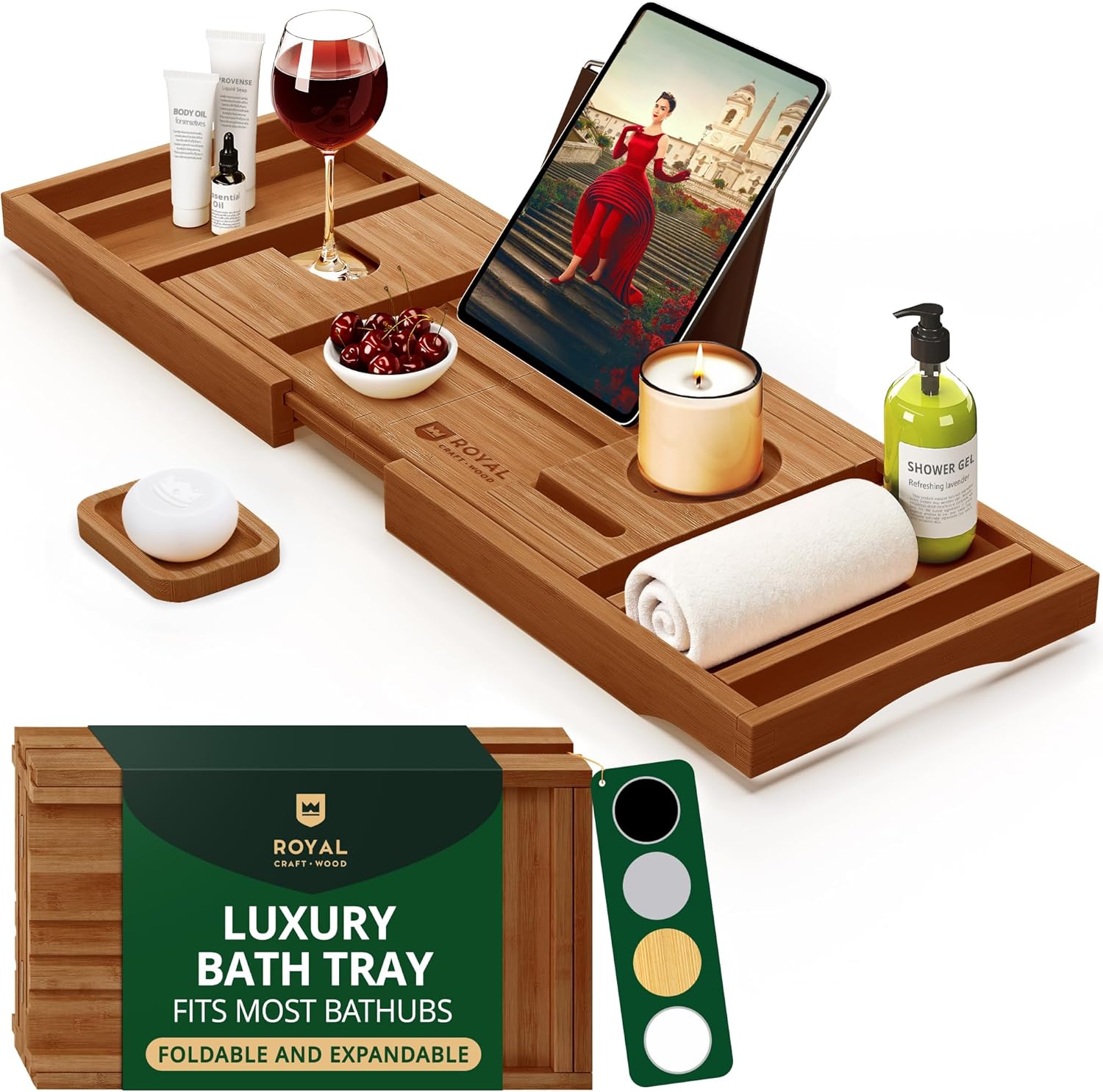 ROYAL CRAFT WOOD Bathtub Tray Caddy for Tub, Bamboo Bath Shelf, Premium Foldable Wood Bath Table, Expandable Bathtub & Bathroom Accessories, New Home Gifts for Mom, Housewarming, Anniversary, Wedding