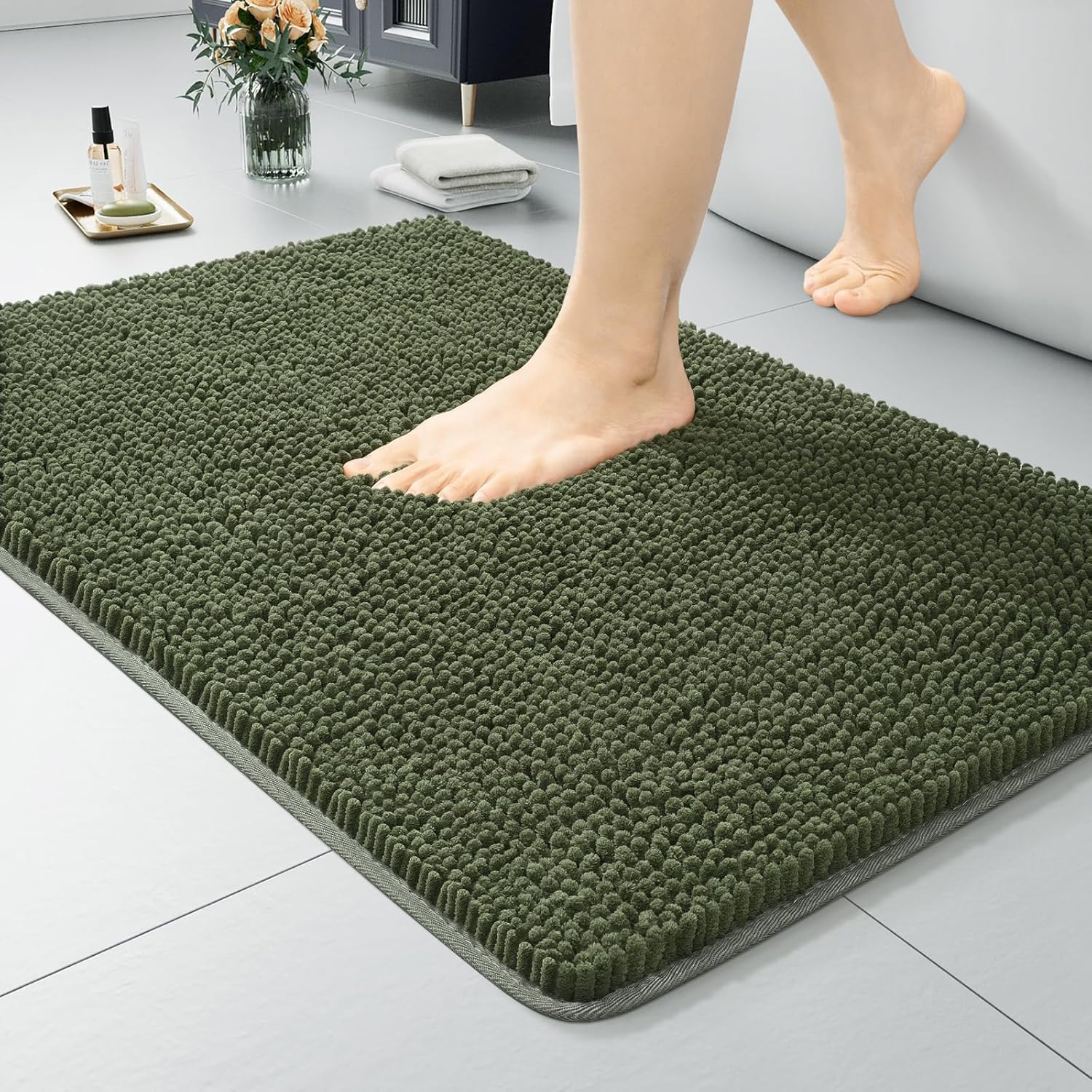LOCHAS Luxury Bathroom Rug Shaggy Bath Mat 24 x 60 Inch, Washable Non Slip Bath Rugs for Bathroom Shower, Soft Plush Chenille Absorbent Carpets Mats, Gray