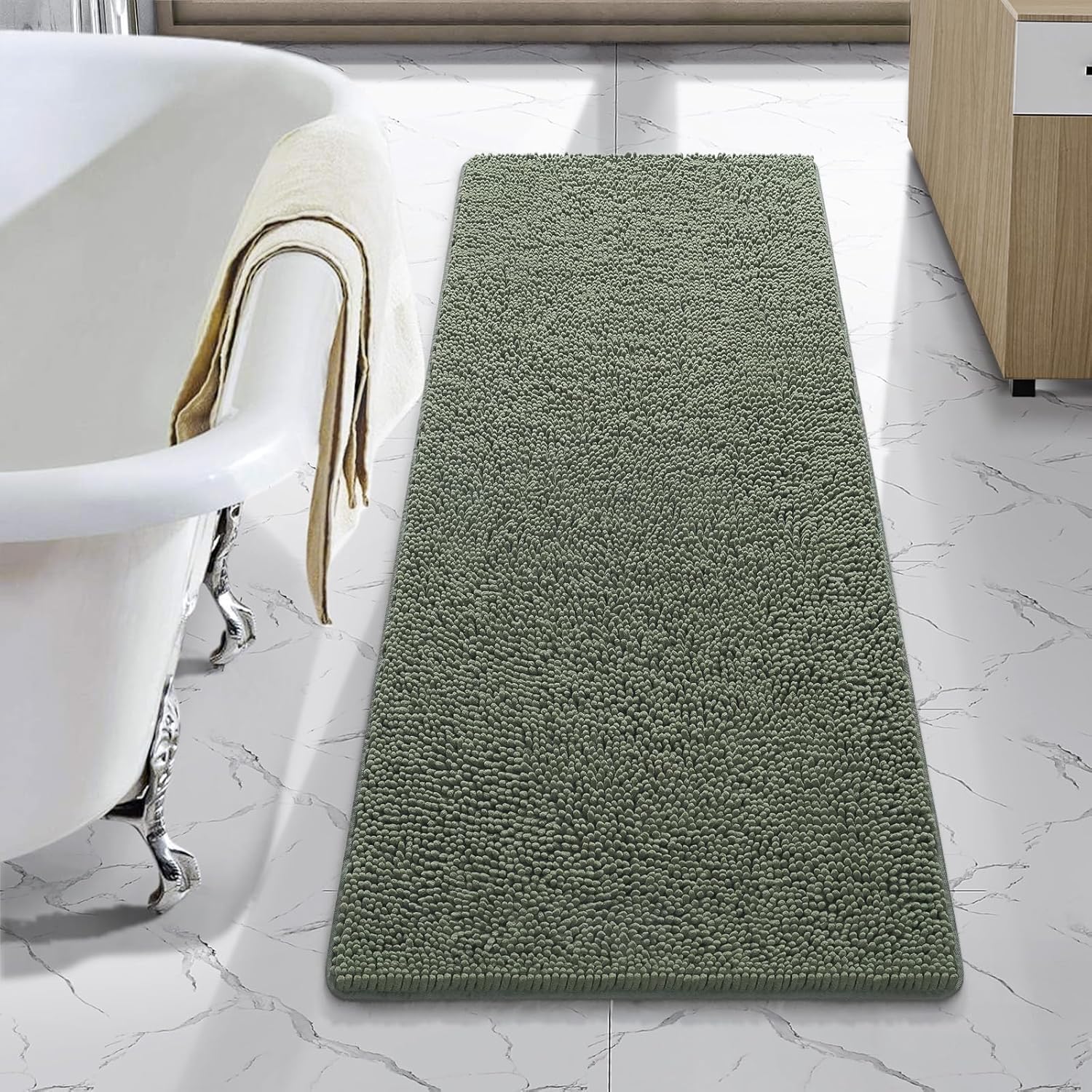 LOCHAS Luxury Bathroom Rug Shaggy Bath Mat 24 x 60 Inch, Washable Non Slip Bath Rugs for Bathroom Shower, Soft Plush Chenille Absorbent Carpets Mats, Gray