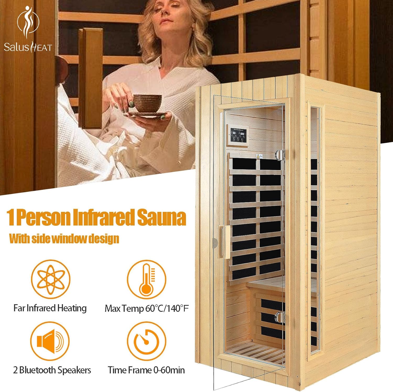 Far Infrared Sauna 1 Person Infrared Sauna Room Canadian Hemlock Wooden Sauna for Home, 1300W Low-EMF Indoor Saunas with Control Panel, Bluetooth Speakers, LED Reading Lamp, Tempered Glass Door