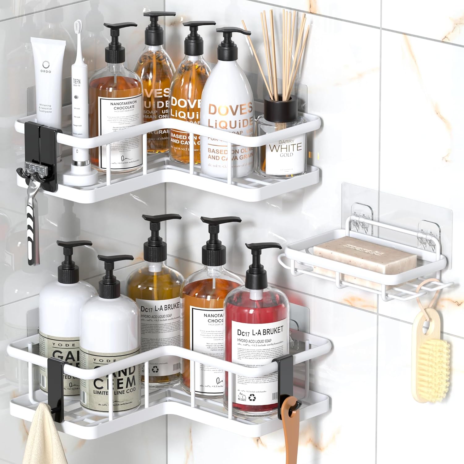 YASONIC Shower Caddy Corner, 3-Pack Adhesive Rustproof Stainless Steel Shower Shelves with Soap Holder, No Drilling Shower Organizer Corner for Dorm, Renters Bathroom, Black