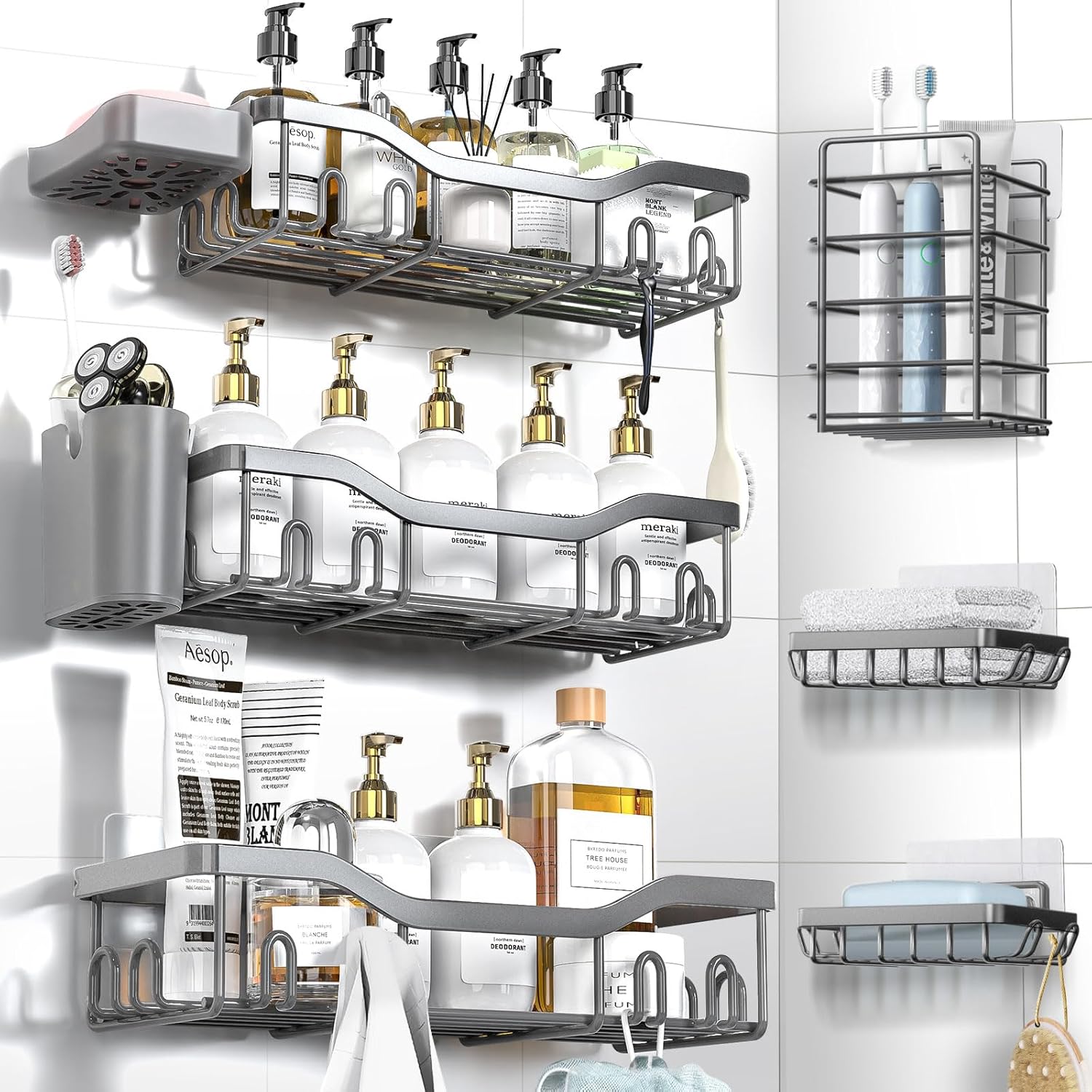 Shower Caddy Adhesive Shower Organizer 7-Pack, Rustproof Stainless Steel Bathroom Shelves, Large Capacity No-Drill Rack Storage Accessories with Soap Dish Toothbrush Holder &24 Hooks Home Decor