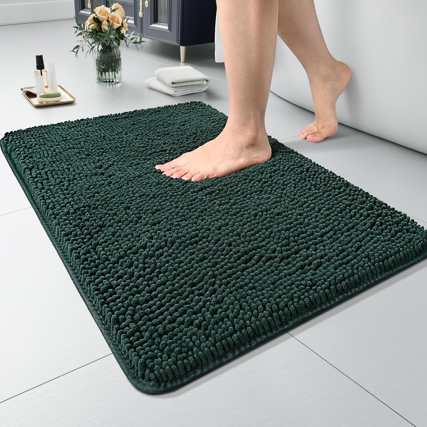 LOCHAS Luxury Bathroom Rug Shaggy Bath Mat 24 x 60 Inch, Washable Non Slip Bath Rugs for Bathroom Shower, Soft Plush Chenille Absorbent Carpets Mats, Gray