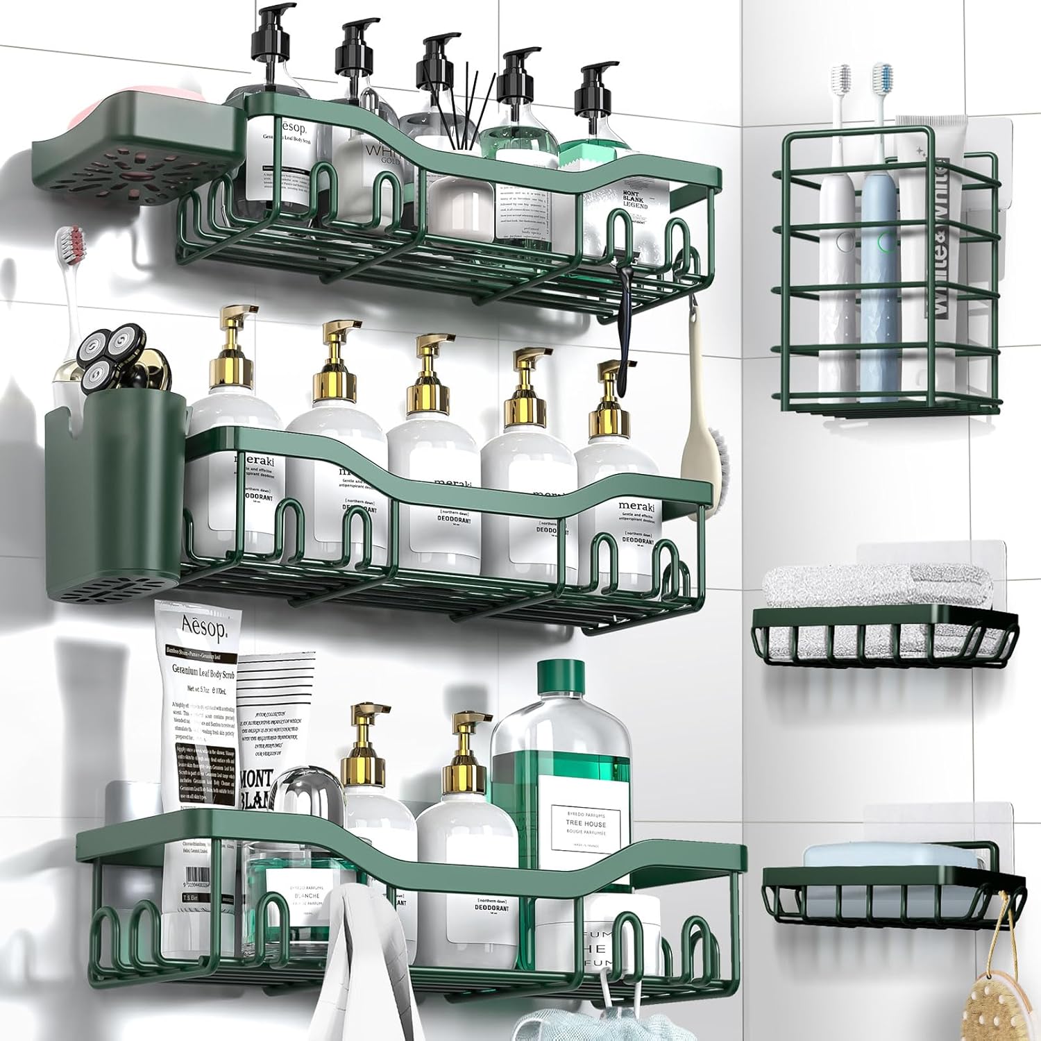 Shower Caddy Adhesive Shower Organizer 7-Pack, Rustproof Stainless Steel Bathroom Shelves, Large Capacity No-Drill Rack Storage Accessories with Soap Dish Toothbrush Holder &24 Hooks Home Decor