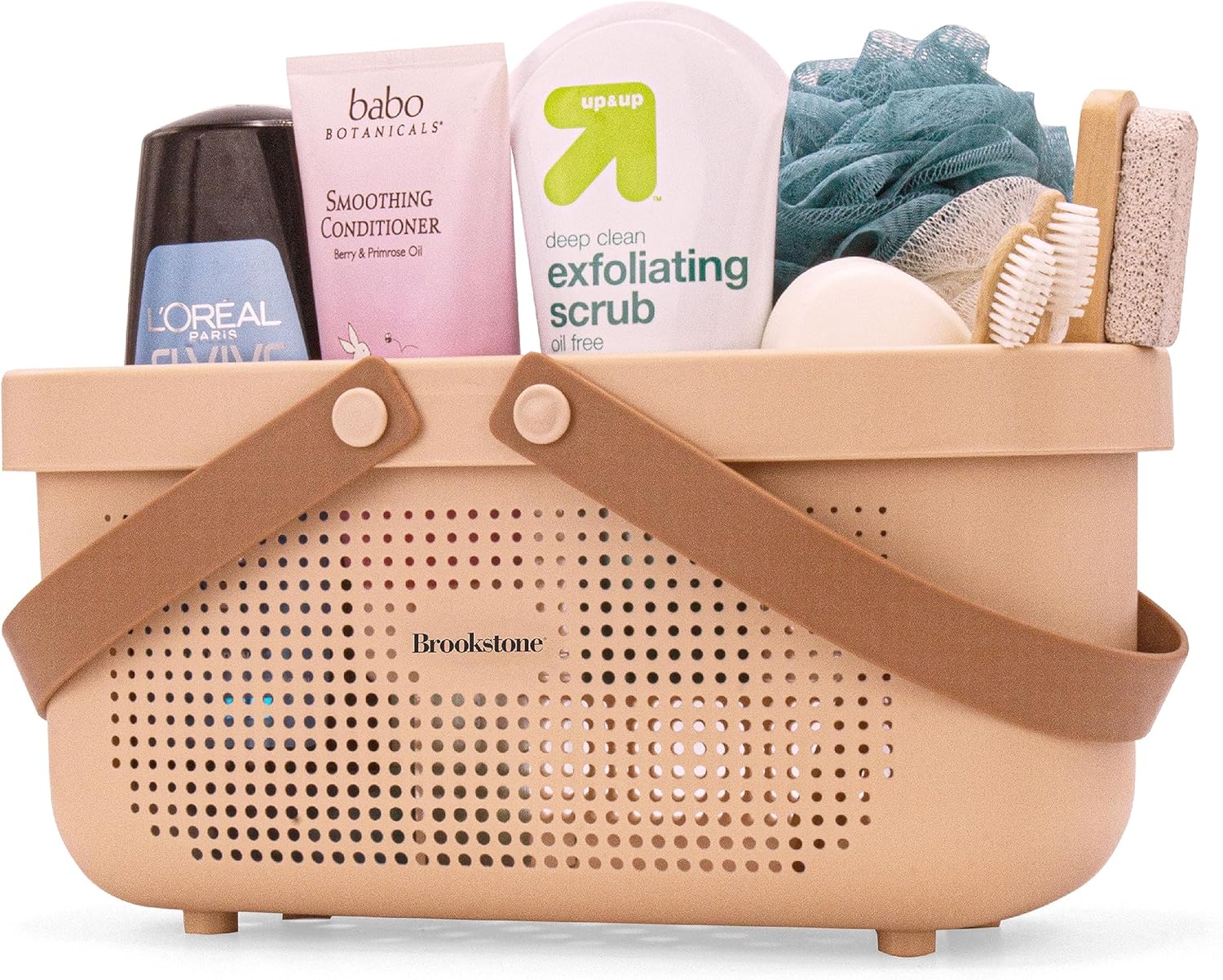 Brookstone BKH1633, Large Portable Shower Caddy with Soft Silicone Carrying Handle, Bathroom Organizer Basket, Plastic Bath Tote, Dries Quickly with Drainage Holes [BPA Free], Gray