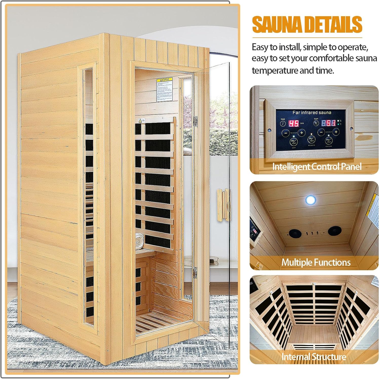 Far Infrared Sauna 1 Person Infrared Sauna Room Canadian Hemlock Wooden Sauna for Home, 1300W Low-EMF Indoor Saunas with Control Panel, Bluetooth Speakers, LED Reading Lamp, Tempered Glass Door