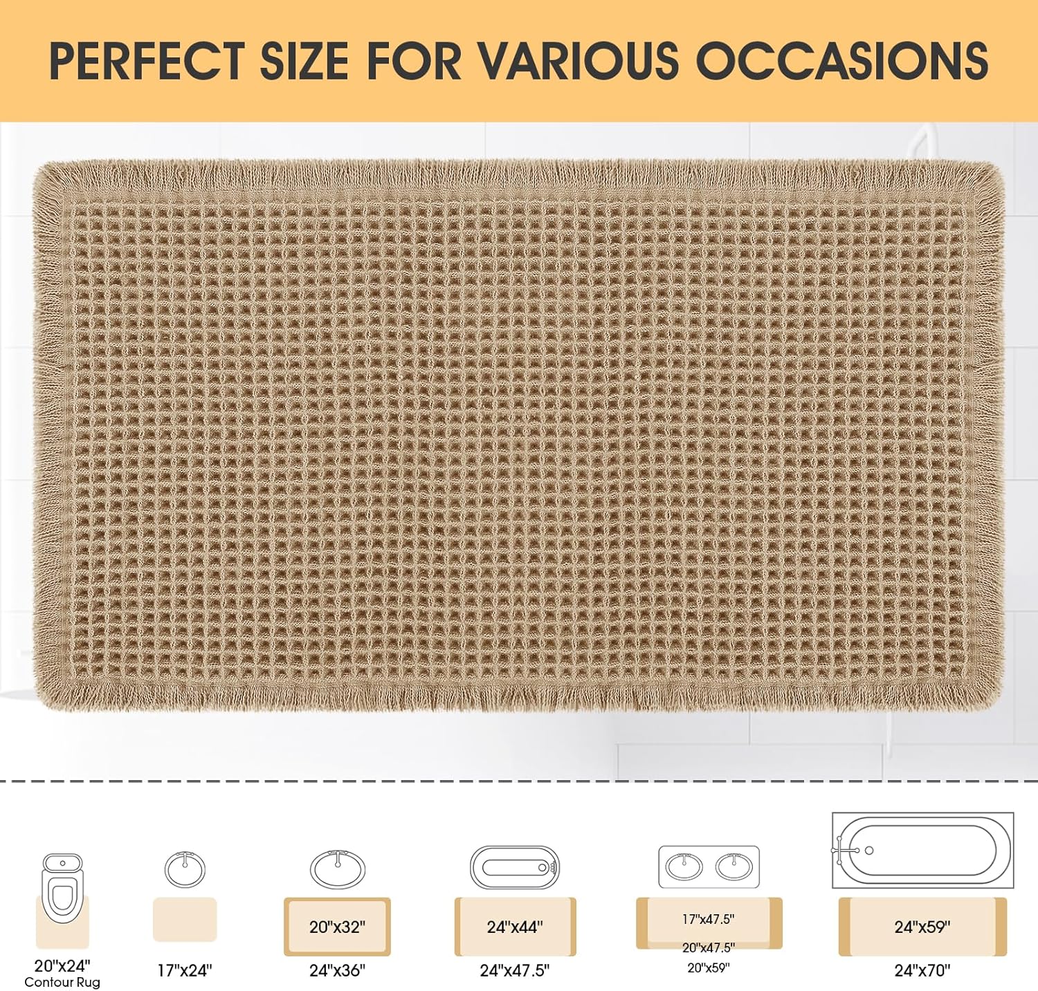 IM HOME Waffle Bath Mat Beige 32"x20", Boho Woven Modern Bath Mat Rugs, Absorbent Non Slip Bathroom Rugs, Soft Washable Bath Rugs with Tassels for Bathroom, Bedroom, Kitchen, Shower, Tub